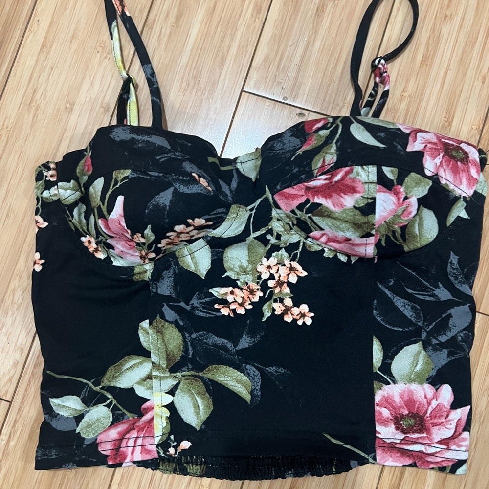 Floral Black Bustier Top size small